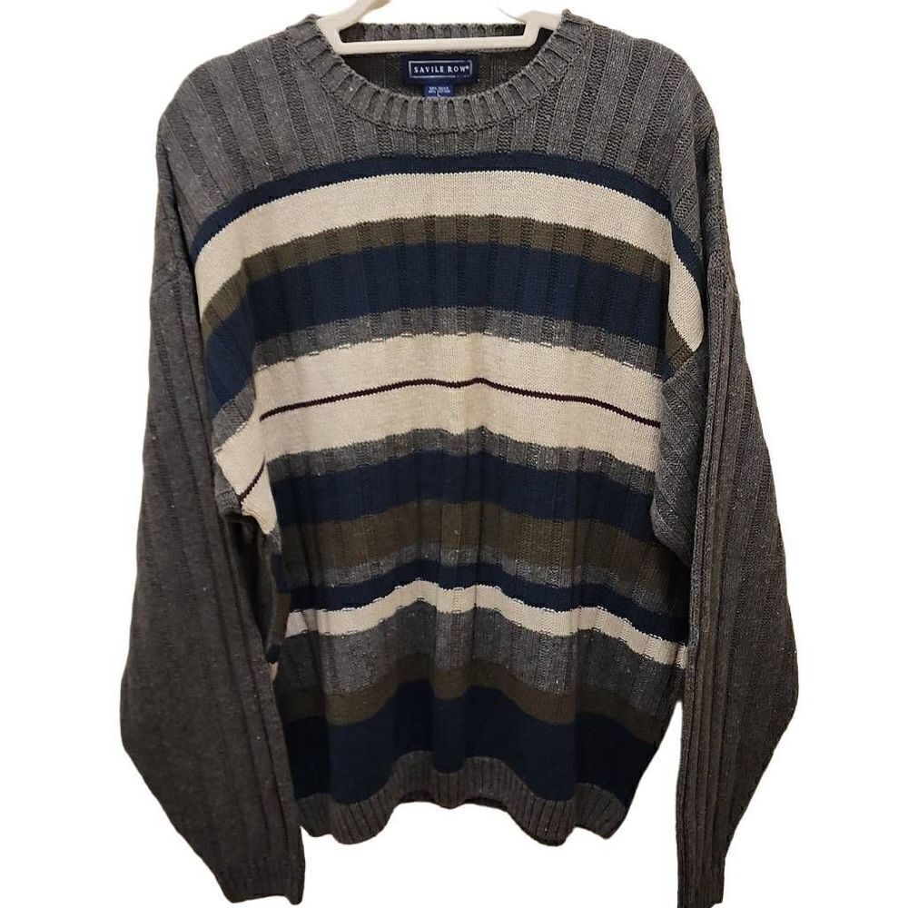 Savile Row‎ Men's Gray Striped Ramie Ribbed Crew Neck Pullover Sweater Large
